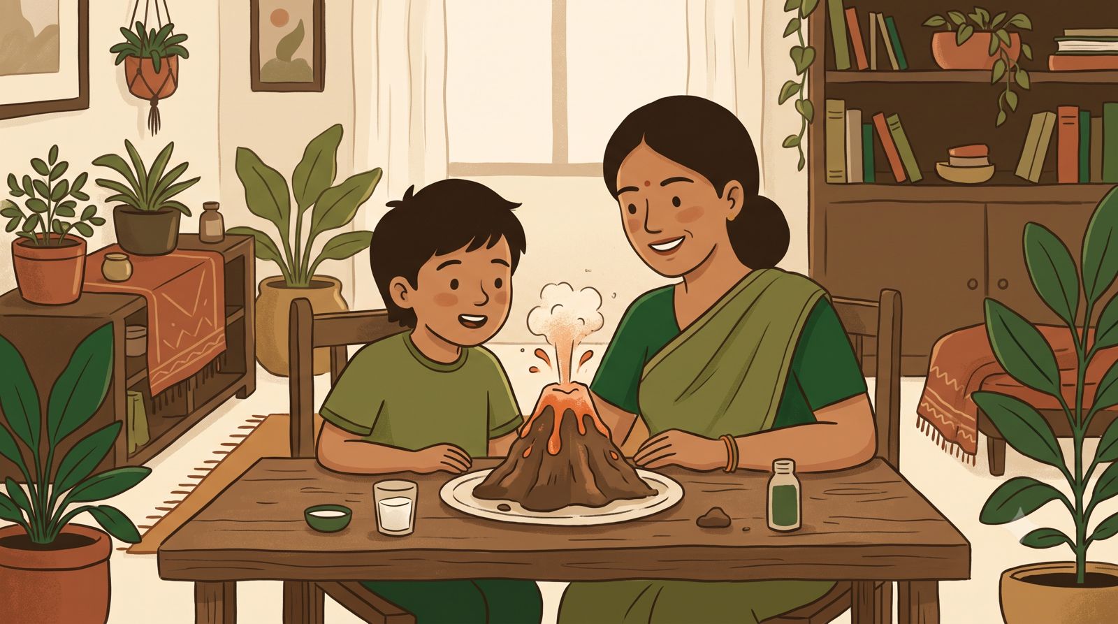 Illustrated Indian parent and child doing a science experiment together
