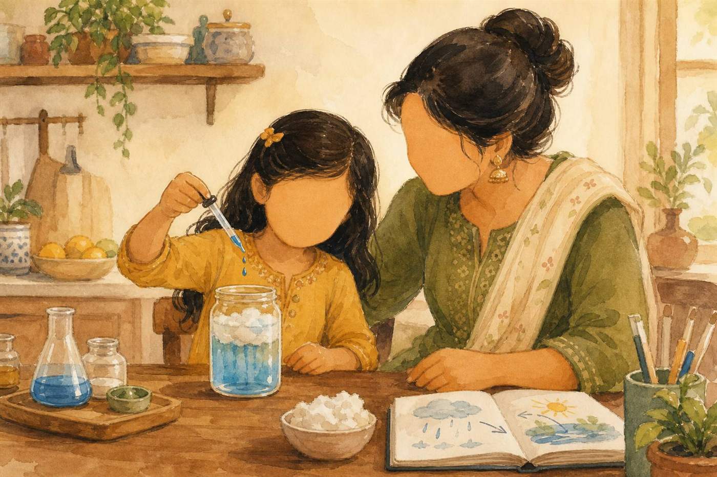 Illustrated Indian parent and child doing a science experiment together