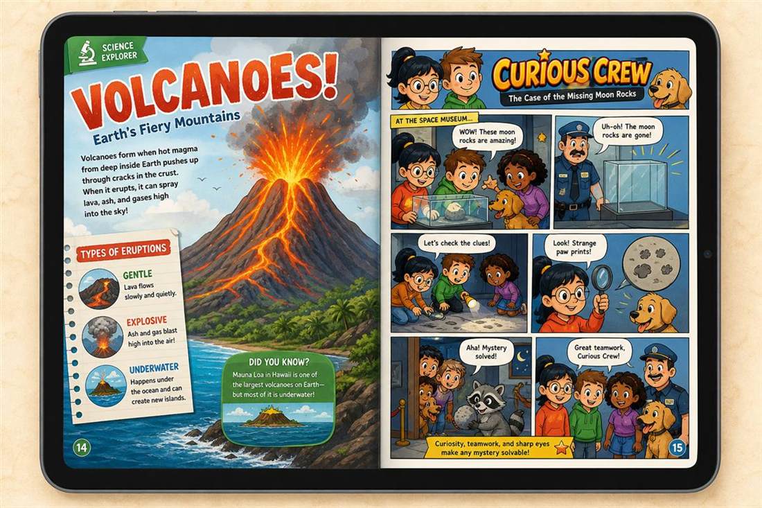 Tablet mockup showing VidhyaVibe magazine sample spreads