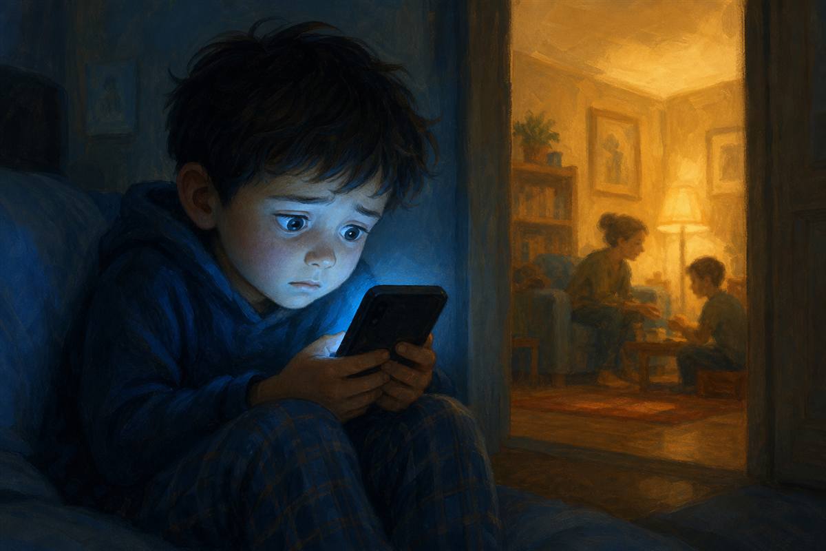 Illustrated child scrolling on a phone in cold blue light, with a warm home behind